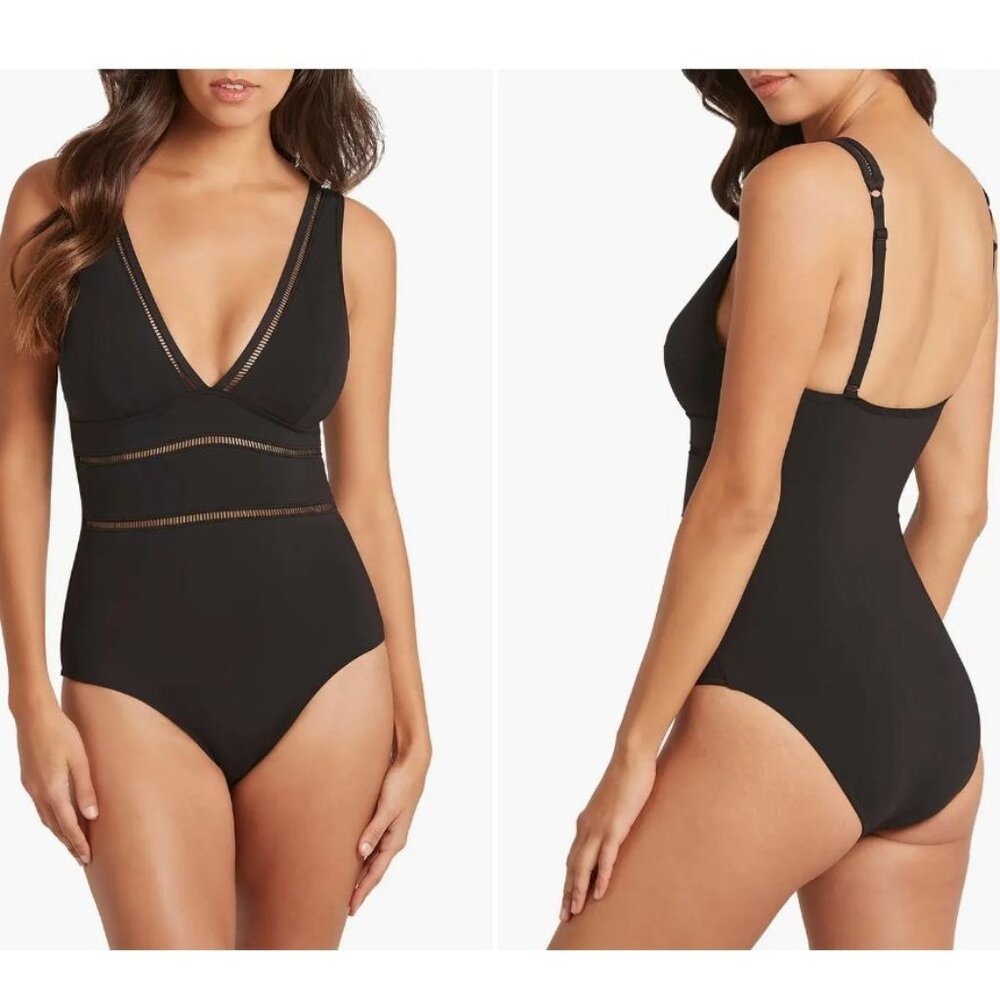 Sea Level Swim Spliced Plunge One Piece‎ Black 8